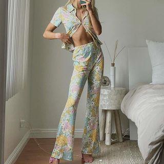 Set: Floral Print Short Sleeve Top + Floral Print High Waist Bootcut Pants