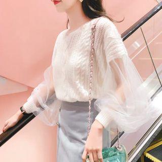 Puff-sleeve Mesh Panel Knit Top White - One Size