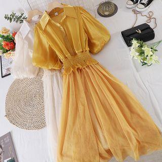 Mock Two-piece Panel Mesh Puff-sleeve Dress