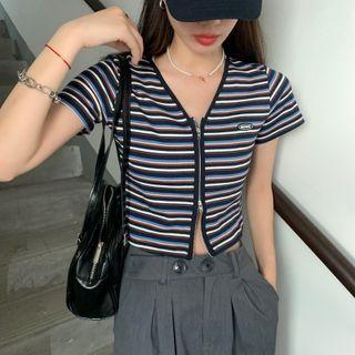 Short-sleeve Striped Zip T-shirt