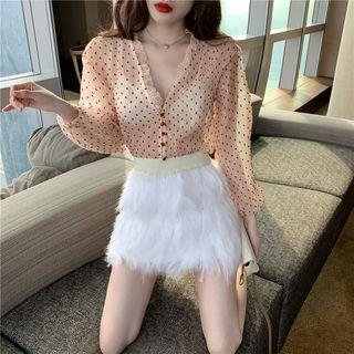 Dotted Blouse / Fringed Trim Mini Skirt