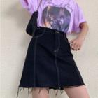 Contrast Stitching Distressed Denim Mini A-line Skirt