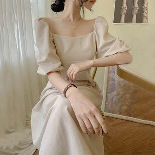 Puff-sleeve Square-neck A-line Midi Dress