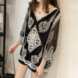 Crochet Lace Panel 3/4-sleeve Top