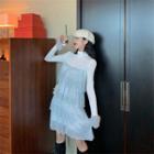 Mock-turtleneck Bell-sleeve Layered Mini Dress