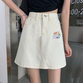 Embroidered High-waist Denim Mini A-line Skirt