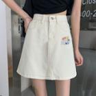 Embroidered High-waist Denim Mini A-line Skirt