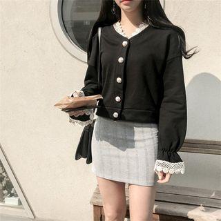 Crochet Trim Faux Pearl Buttoned Jacket