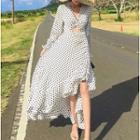 Long-sleeve Polka Dot Knotted Cutout Asymmetric A-line Dress