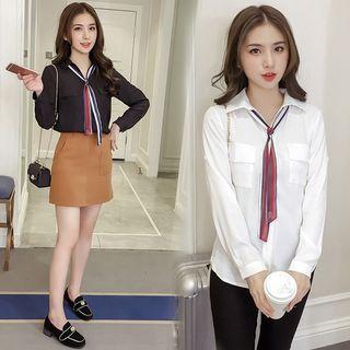 Plain Shirt With Striped Skinny Scarf