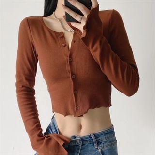 Bell-sleeve Ruffled-trim Crop Cardigan