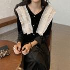 Long-sleeve Frill Trim Mesh Panel Velvet Dress Black - One Size