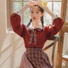 Bow Accent Blouse / Plaid Midi A-line Skirt