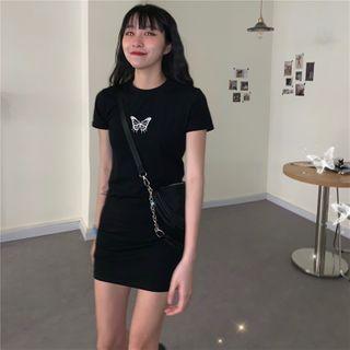 Short-sleeve Butterfly Embroidered Dress Black - One Size