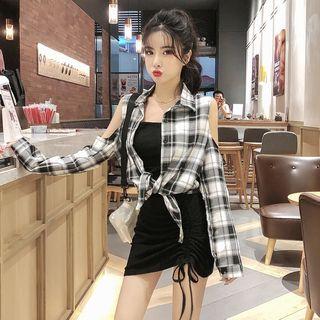 Plaid Shirt / Cold-shoulder Plaid Shirt / Spaghetti Strap Drawstring Mini Sheath Dress / Set