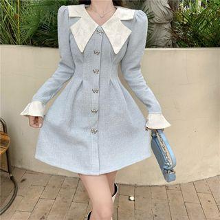 Long-sleeve Collared Knit Mini A-line Dress
