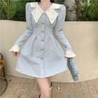 Long-sleeve Collared Knit Mini A-line Dress