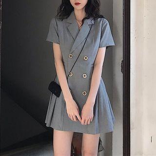 Short-sleeve Double Breasted A-line Mini Pleated Dress