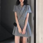 Short-sleeve Double Breasted A-line Mini Pleated Dress