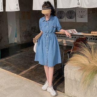 Elbow-sleeve Denim A-line Shirtdress