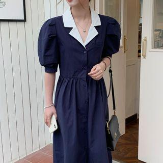 Color Block Puff-sleeve Maxi Dress Blue - One Size