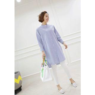 Mandarin-collar Stripe Long Shirt With Sash
