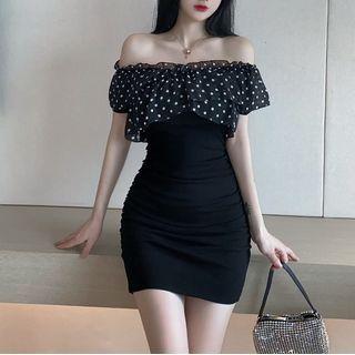 Off-shoulder Dotted Panel Sheath Dress