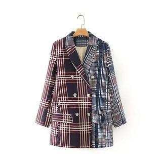 Double-breasted Color Block Plaid Blazer