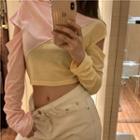 Long-sleeve Color Block Cutout Cropped T-shirt