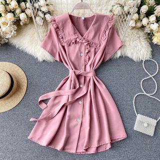 Short-sleeve Ruffle Trim A-line Shirtdress