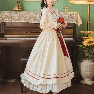 Bell-sleeve Contrast Trim Maxi A-line Dress / Ribbon Belt / Set