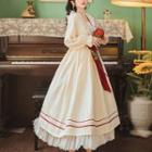 Bell-sleeve Contrast Trim Maxi A-line Dress / Ribbon Belt / Set