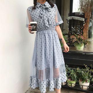 Long-sleeve Sheer Panel Dotted A-line Midi Dress