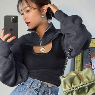 Set: Mock-neck Half-zip Cropped Sweatshirt + Tank Top
