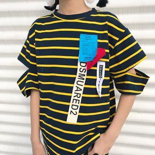 Striped Cut Out Detail Elbow Sleeve T-shirt