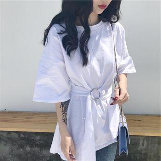 Elbow-sleeve Belted Irregular T-shirt