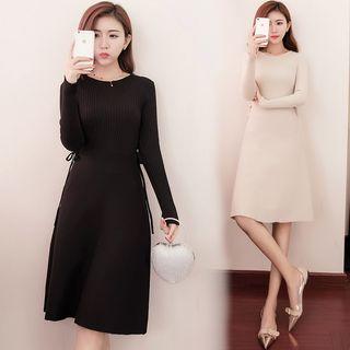 Crewneck Tie-waist Plain Slim Long Dress
