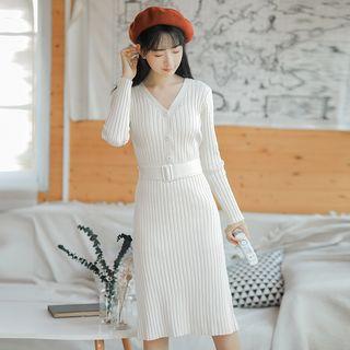 Long-sleeve Tie-waist Midi Rib-knit Dress As Shown In Figure - One Size