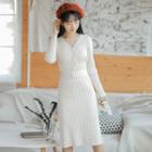 Long-sleeve Tie-waist Midi Rib-knit Dress As Shown In Figure - One Size