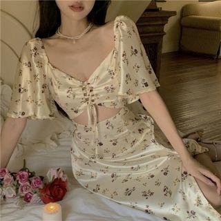 Short-sleeve Floral Print Midi Dress Yellow - One Size