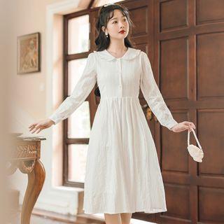 Long-sleeve Frill Trim Collar Midi A-line Dress