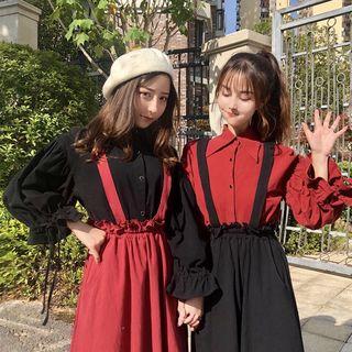 Balloon-sleeve Shirt / Midi Jumper Skirt