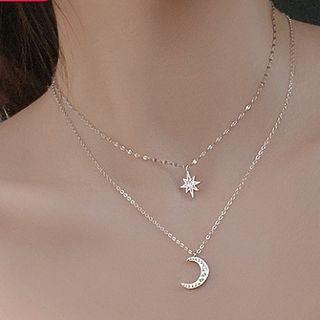 Layered Rhinestone Star & Crescent Necklace