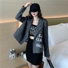 Lettering Double-breasted Knit Blazer / Off-shoulder Long-sleeve Knit Top / Mini A-line Skirt