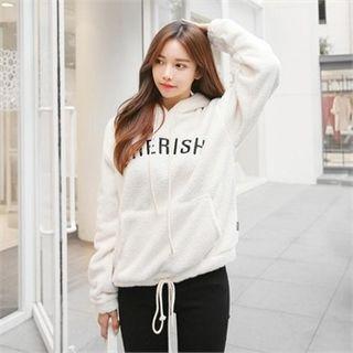 Kangaroo-pocket Lettering-embroidered Fleece Hoodie
