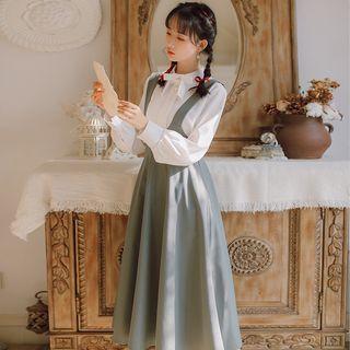 Bow Accent Long-sleeve Blouse / Plain Jumper Dress / Set Of 2