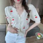 Elbow-sleeve Cherry Embroidered Cardigan
