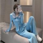 Set: Fluffy Collar Zip Jacket + Sweatpants Set - Jacket & Sweatpants - Blue - One Size