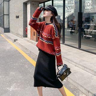 Printed Sweater / Rib Knit Midi Skirt