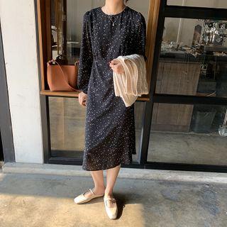 Floral Print Long-sleeve Midi A-line Chiffon Dress Black - One Size